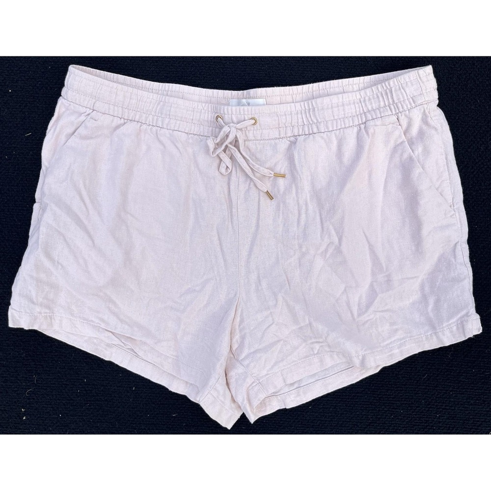 H&M Chino Shorts Womens 14 Beige Linen Blend Elastic Waist Drawstring‎ Casual